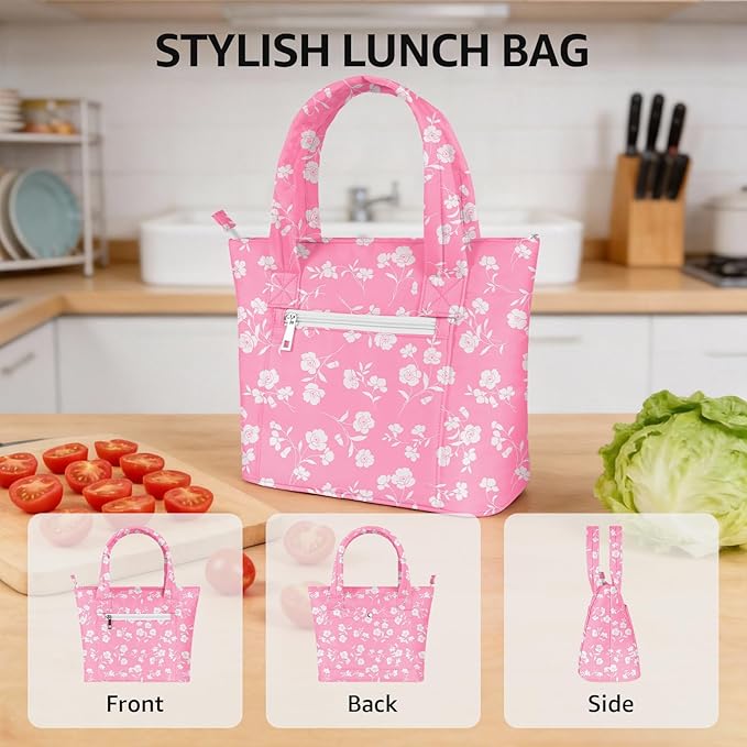 Tote Lunch Bag Women Stylish Quilted Lunch Boxes for Adult Fit and Fresh Cooler Insulated Lunchbox for Work Large 10 Liters Cute Compact Lunchbag Waterproof Pink Floral