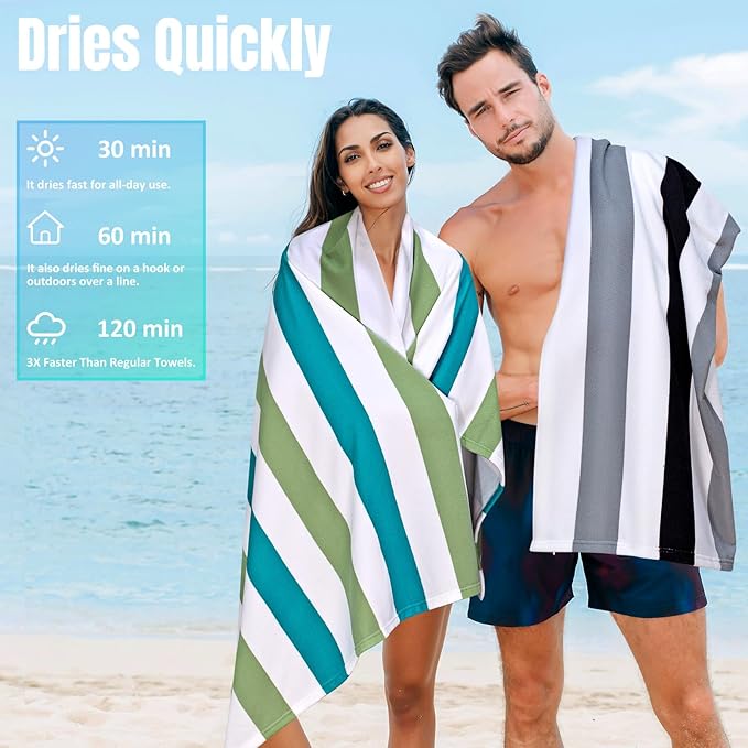cabanana Large Oversized Beach Towel - Microfiber Sand Free 35 x 70 Inch Quick Dry Lightweight Pool Towel for Adults, Thin Striped Swim Towel (Green)