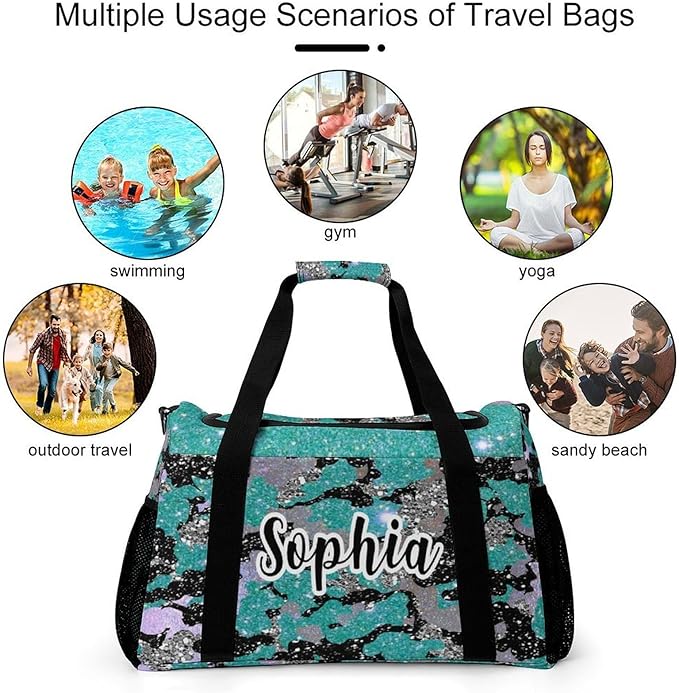 Personalized Teal Blue Camouflage Sequin Print Duffle Bags (Can Store Shoes) with Name for Women Man Custom Travel Perform Training Bags