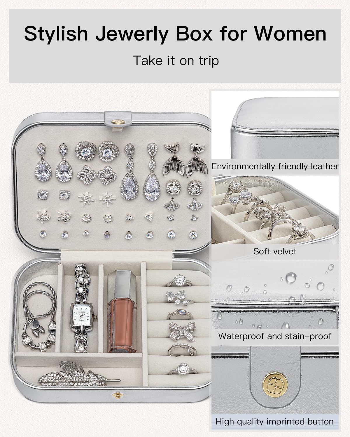 Vlando Travel Jewelry Case for Women Girls Mothers, PU Leather Portable Small Jewelry Box for Rings, Necklaces, Bracelets, Earring Holder Organizer Storage for Travel, Bridesmaid Gifts - Silver