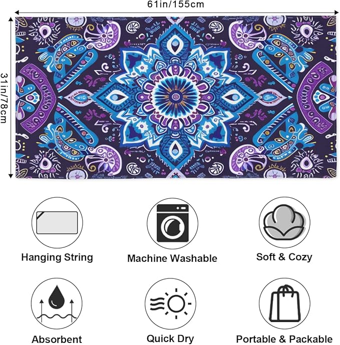 Vintage Floral Purple Beach Towel, Large Microfiber Quick Dry Lightweight Pool Bath Towels Sand Free Beach Blanket for Summer Cruise Yoga Camping Travel Vacation Essentials 31 x 61 in