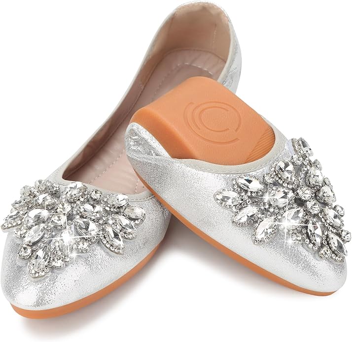KUNWFNIX Women Ballet Flats Rhinestone Wedding Ballerina Shoes Foldable Sparkly Comfort Slip on Flat Shoes