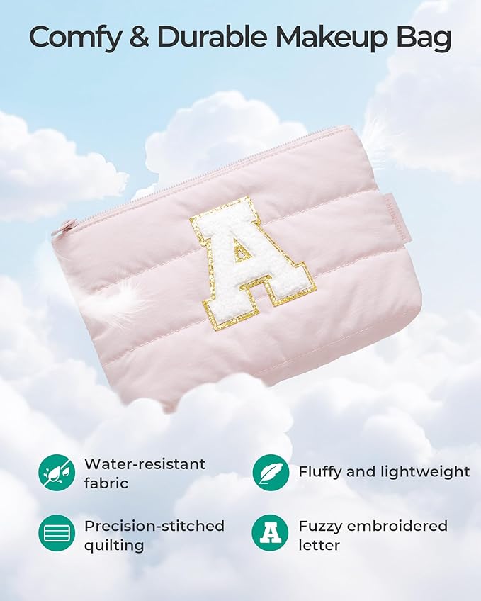 BAGSMART Personalized Makeup Bag with Initial, Pink Small Cosmetic Travel Organizer, Water-Resistant Pouch for Women & Teens for Bridesmaid Graduation (Initial-A, Small)
