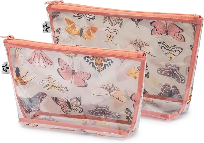 Tiny Twinkle Diaper Bag Organizing Pouches | 2 Pack Mess-Proof Travel Organizer Bags with Structured Bottom & Clear Front | TSA Approved Toiletry Bag Set for Baby and Mom Essentials (Flutter)