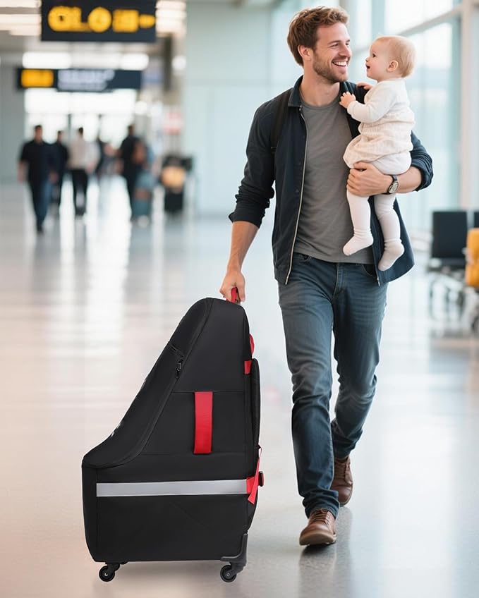 MCBD Car Seat Travel Bag for Airplane with Wheels, Padded Baby Carseat Backpack for Airport Gate Check Carrier Fits Booster Seat & Luggage Toddler Carseat Cover with Reflective Strips, Black