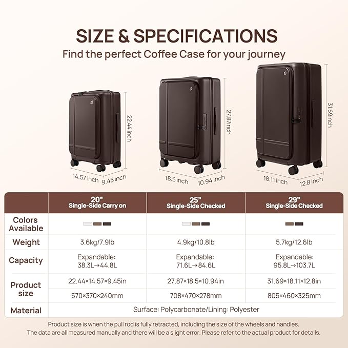 NINETYGO Medium Checked Luggage 25 Inch, Flat Top Opening Check In Luggage with Cup Holder, Expandable, Coffee-Infused PC Hard Shell, Eco-Friendly, TSA Lock, 360° Spinner Wheels (Flat White)