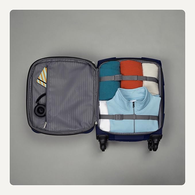 Amazon Basics 18" Medium Carry-On Softside Expandable Luggage Suitcase with Wheels, Four 360-Degree Spinner Wheels, Zippered Pockets, Telescopic Handle, Navy Blue