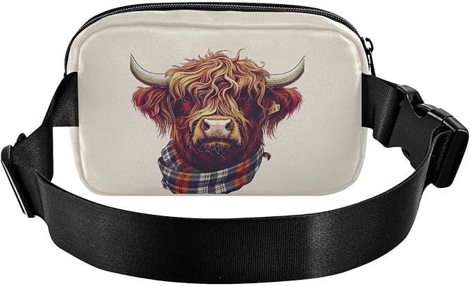Scottish Highland Cow with Plaid Scarf Fanny Pack for Women Men Water Resistant Fashion Waist Packs with Adjustable Strap Belt Bag for Travel Workout Jogging Hiking 21218524