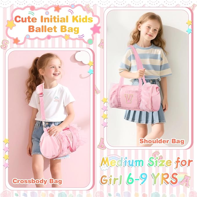 Personalized Initial Dance Bag for Girls 6-9, Medium Lace Gym Sport Yoga Cheer Dance Bags Gift for Teen Girls, Cute Letter Kids Ballet Bag Toddler Travel Duffel Tote with Adjustable Straps(Pink-V)