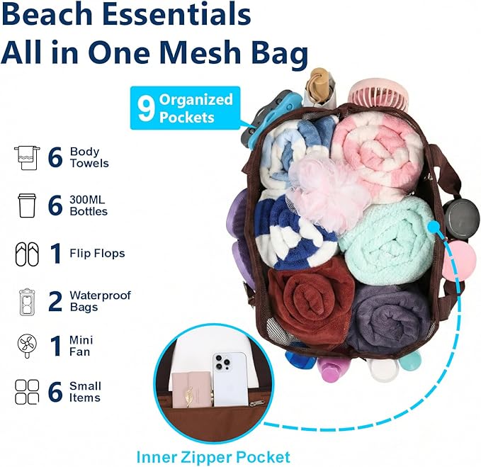 F-color Mesh Beach Bag Family - Large Tote Bag 9 Pockets for Swim Pool Toys Cruise Beach Vacation Essentials
