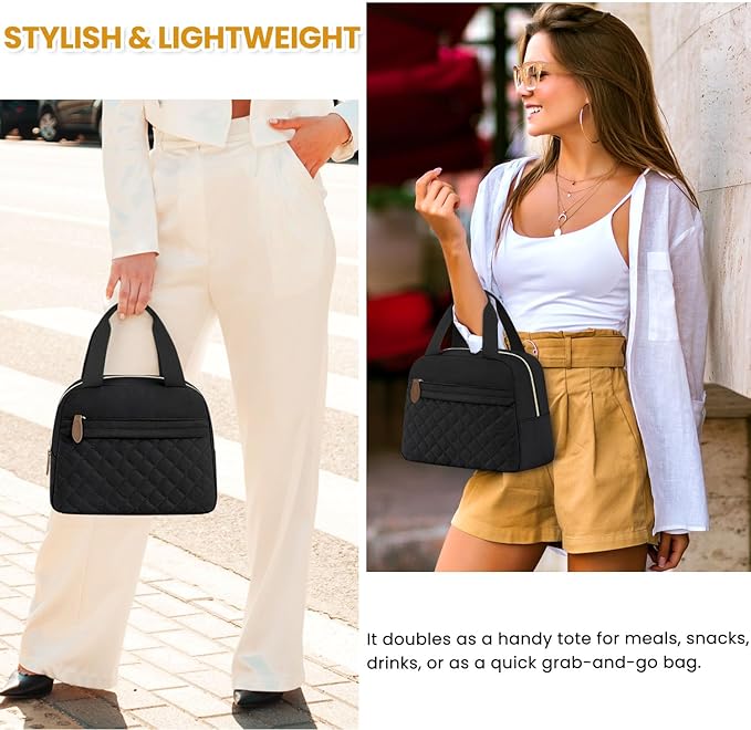 Insulated Lunch Bag for Women, Portable Lightweight Lunch Box for Adults, Reusable Lunch Tote Cooler Bags with Front Zipper Pocket for Work School Picnic(Black, Large)