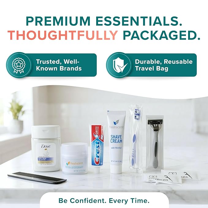Trektote 10 Piece Travel Hygiene Kit with Toiletries & Dental Essentials, TSA-Compliant, Clear Cosmetic Bag, Single or Bulk Packs
