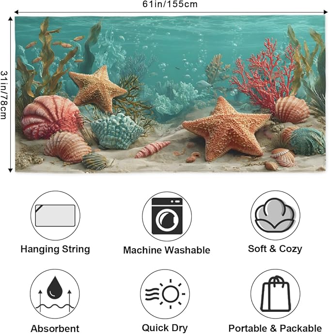Seaweed Shells Starfish Beach Towel, Large Microfiber Quick Dry Lightweight Pool Bath Towels Sand Free Beach Blanket for Summer Cruise Yoga Camping Travel Vacation Essentials 31 x 61 in