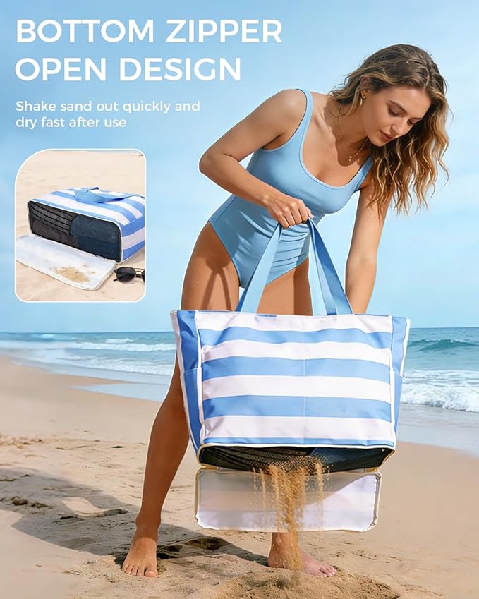 WANDF Beach Bags for Women, Large Waterproof Sandproof Beach Tote Bag with Zipper Family Pool Bags with 40oz Tumbler Pocket, Swim Cruise Vacation Essentials (Blue) | 40oz Tumbler Pocket