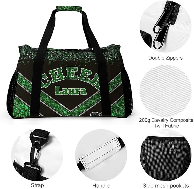 Personalized Cheer Bag Gifts for Girls Sport Cheerleading Gym Travel Duffel Bag Overnight Weekender Bags with Name (Green)