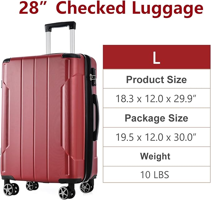 28 Inch Large Checked Luggage Hardside Suitcase with Spinner Wheels, Lightweight Expandable Hard Shell ABS Suitcases with TSA Lock, Large Travel Luggage for Women, Men, Red