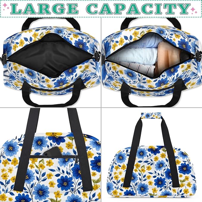 Yellow Blue Flowers Gym Travel Duffle Bag for Women & Men with Front Zipper Pocket for Sports, Overnight, Weekender, Carry On,Workout & Dance Bag,Florals Flower Daisy,18.9 * 8.7 * 10.6 in
