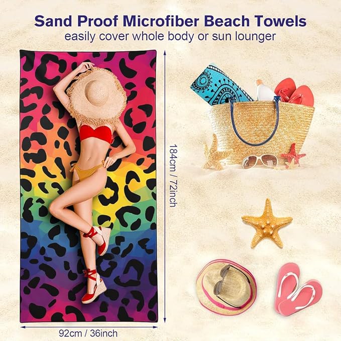 Rainbow Leopard Print Beach Towel, 36"x72" Sand Free Quick Dry Thin Lightweight Microfiber Towel Gifts for Travel
