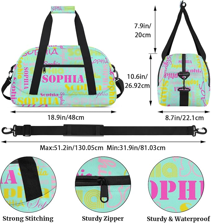 Personalized Ballet Dance Bag for Girls, Custom Name Gym Sport Duffle Bag, Cheerleader Bags for Travel Weekender Overnight, Mint Green Pink