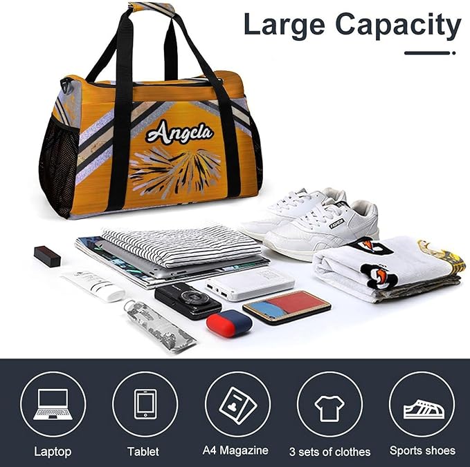 Orange Cheerleading Cheering Silver Stripes Crossbody Bag Customized Duffel Bags (Store Shoes) Weekender Overnight Bag Travel Bag Personalized Gift Gym Bags