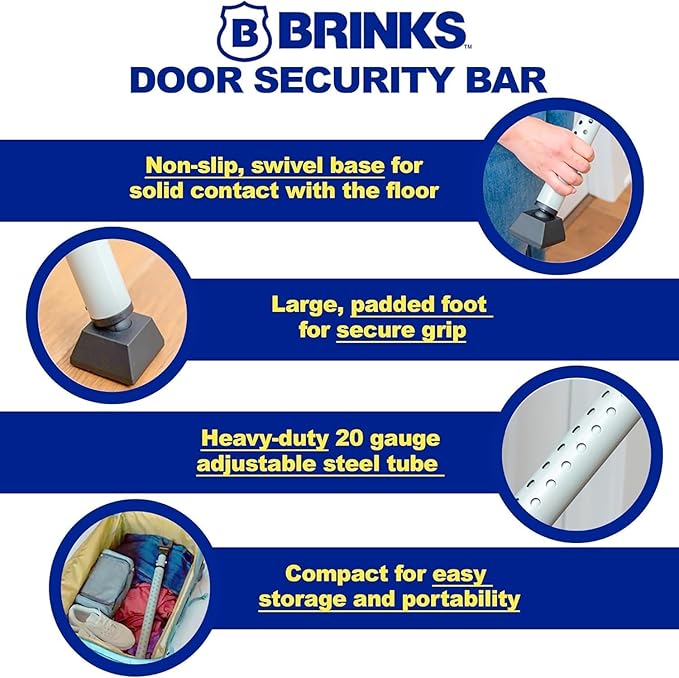 BRINKS Door Security Bar - Adjustable Brinks Door Security Bar for Travel, School, Dorm and Home - Door Jammer for Hinged Doors and Sliding Door Security – Silver