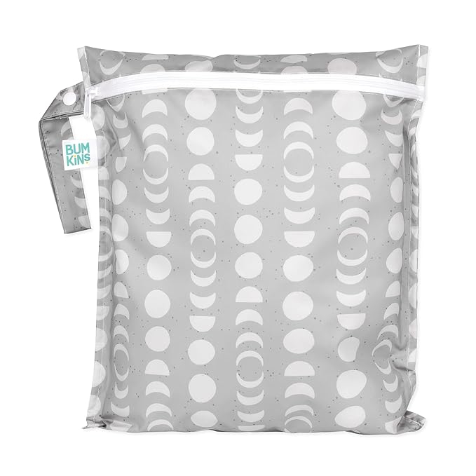 Bumkins Waterproof Wet Bag for Baby, Travel, Swim Suit, Cloth Diapers, Pump Parts, Pool, Beach, Gym Clothes, Toiletry, Hook to Stroller, Daycare, Zipper Reusable Wetdry Packing Pouch, Lunar Gray