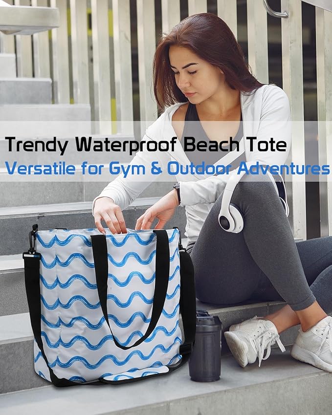 Beach Bags Waterproof Sandproof, Foldable Travel Tote Bag, Large Capacity Pool Bag With Zipper, Lightweight Swim Bag Women Men, Family Tote for Cruise, Boat, Gym, Vacation