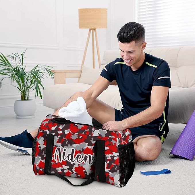 Personalized Red Camouflage Brown Camo Pattern Duffle Bag with Name for Women Man Custom Travel Perform Training Bag for Men Women Luggage Bag