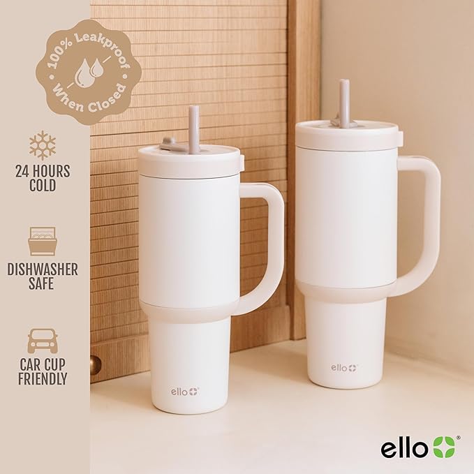 Ello Oasis 24 oz Tumbler with Handle & Retracting Straw | Reusable Insulated Stainless Steel Cup 100% Leakproof, Gifts for Teens Women Men | Keeps cold for 24 Hours, Cup Holder Friendly, Cream Tonal