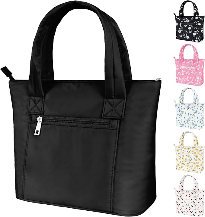 Tote Lunch Bag Women Stylish Quilted Lunch Boxes for Adult Fit and Fresh Cooler Insulated Lunchbox for Work Large 10 Liters Cute Compact Lunchbag Waterproof Black