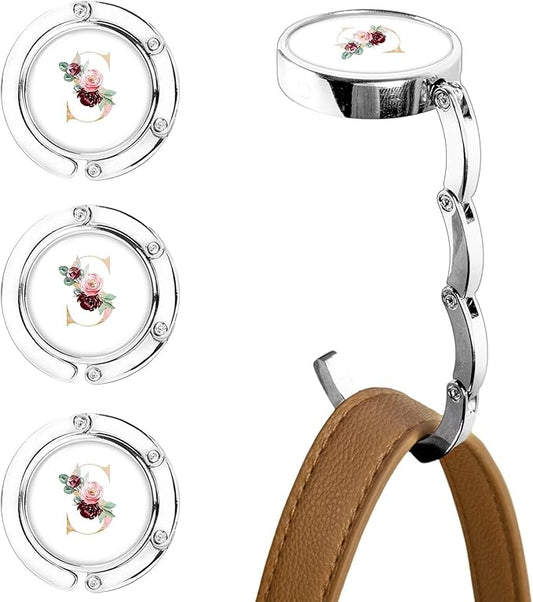 XSUIOY 3Pcs Personalized Initial Foldable Purse Hook for Table,Crushed Flower Letters Folding Purse Hanger,Purse Holder Handbag Hanger Collection Desk Table Bag Hooks Gifts for Women Bag(Pink-S)