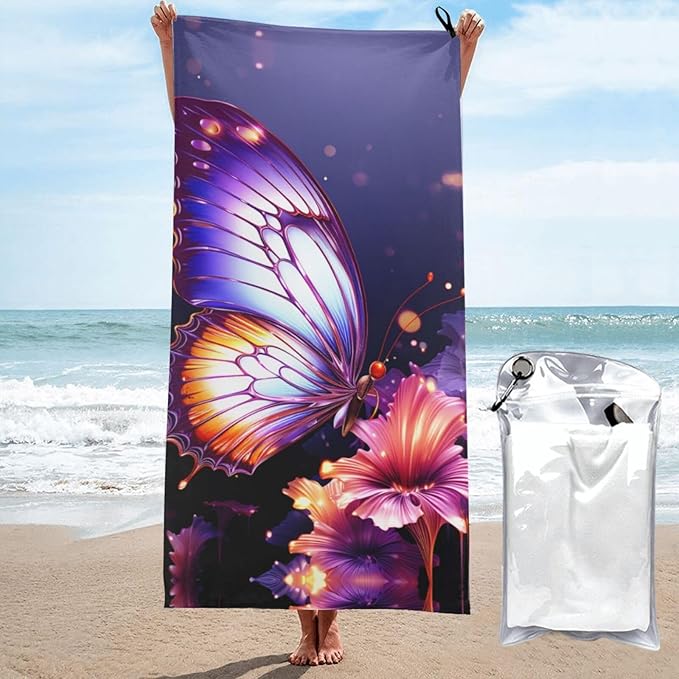 Beach Towel Sand Free Quick Dry Towel Microfiber Oversized Purple Butterfly Travel Towel 31.5""X63"" Absorbent Bath Towel Compact Towel Blanket for Women Men Camping Swim Sports, White