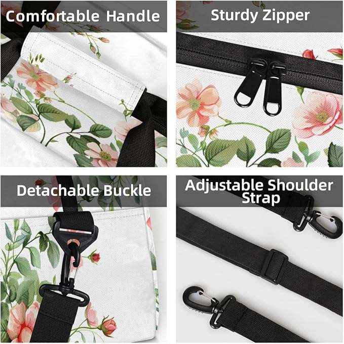 Leaves Floral Rose Mini Gym Bag 18 inch for Women Men Waterproof Custom Pink Flowers Travel Duffel Bag Carry On Overnight Tote Nurse Bag for Work Fitness Hiking