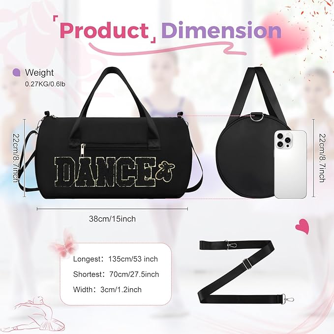 Dance Bag for Girls, KUIRAN 23L Waterproof Travel Duffel Bag with Colorful Chenille Letter, Lightweight Small Gym Sport Ballet Weekender Bag with Large Main Compartment - Black/Gold