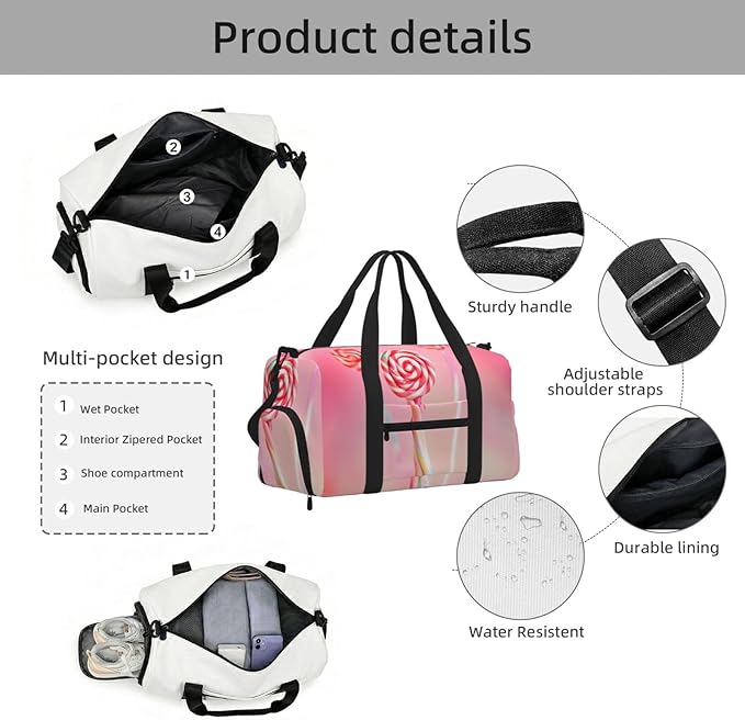 Colorful lollipop Print Gym Bag with Shoe Compartment for Women Men, 17.7in Sports Duffle Weekender Tote, Overnight Travel Duffel Bag Carry On
