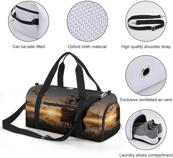 Ship in The Lake Sunset Gym Bag Lightweight ，Travel Duffle Bag with Shoe Compartment，Gym Bag for Women for Overnight, Weekend, Yoga, Gym, Business Trips, Sport And Hospital.