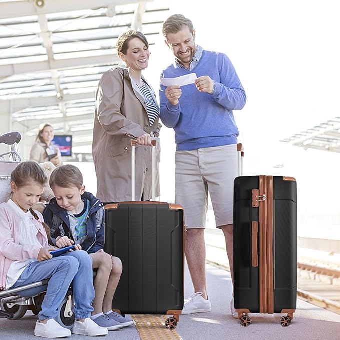 24 Inch Hardshell Luggage Lightweight Checked Luggage, Black Brown Hardside ABS Suitcases with Double Wheels and TSA Lock, Medium Expandable 24-inch Carry on Luggages for Travel, Men, Women