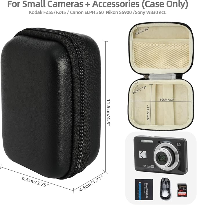 Small Digital Camera Case: Stylish Design for Kodak Pixpro fz55 / Canon elph 360 & Compact Cameras - 360° Shockproof for Travel & Daily Carrying, Black
