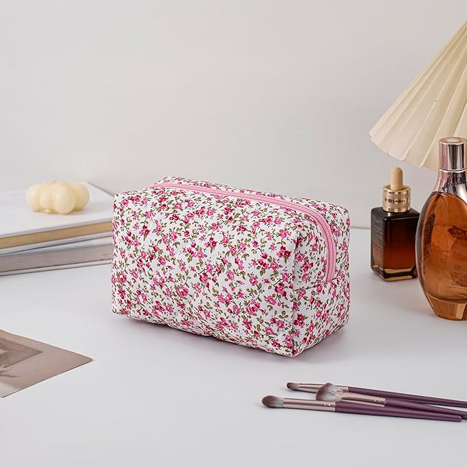 Makeup Bag Travel Cosmetic Bag for Women Girls, Zipper Make Up Pouch, Floral Flowers Toiletry Organizer Makeup, Portable Storage Cosmetic Travel Cloth Bag (Pink Bow Tie+Flower-Red)