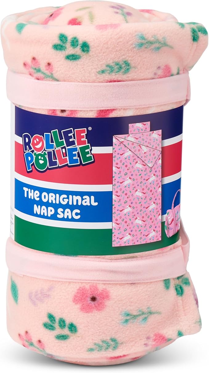 ROLLEE POLLEE Nap Sac Roll Up Napping Blanket with Attached Pillow for Preschool/Daycare, Super Soft with Elastic Straps, Fits Most Mats and Cots