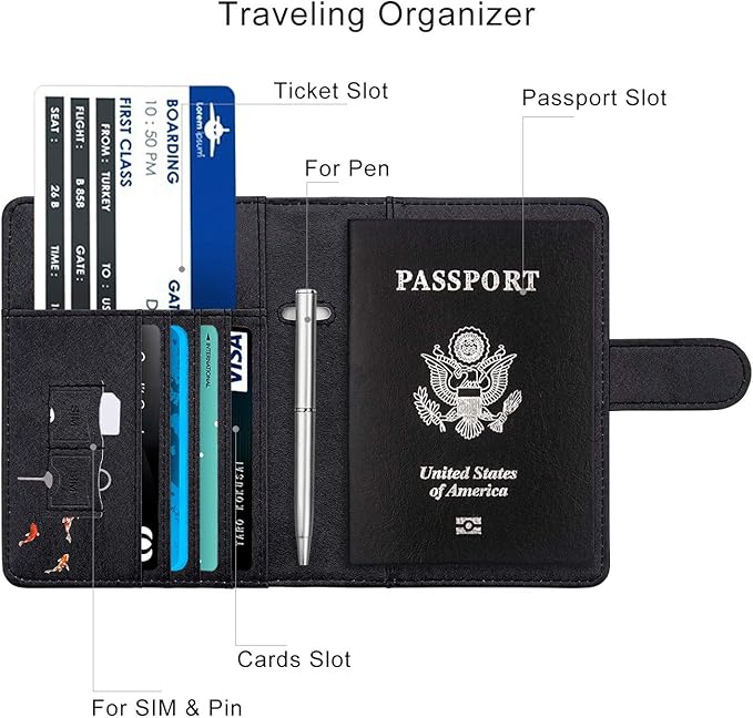 WALNEW Passport Holder for Travel, RFID Passport Cover Wallet for Women Men, PU Leather Passport Book Card Holder Case with Pen (Buckle Closure, Buckle-Carp)