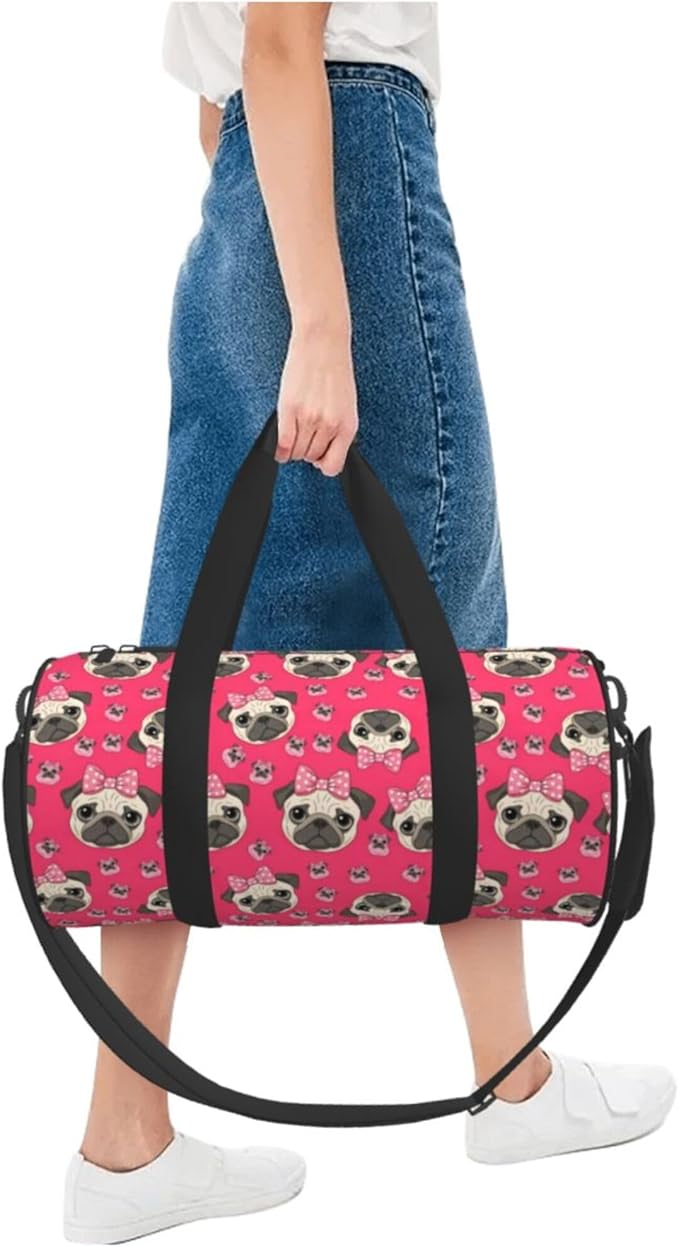 Womens Gym Tote Duffle Bag Cartoon Pug Dog Pink, Sports Overnight Weekender Workout Carry on Bag Ideal for Travel, Swimming, Dance