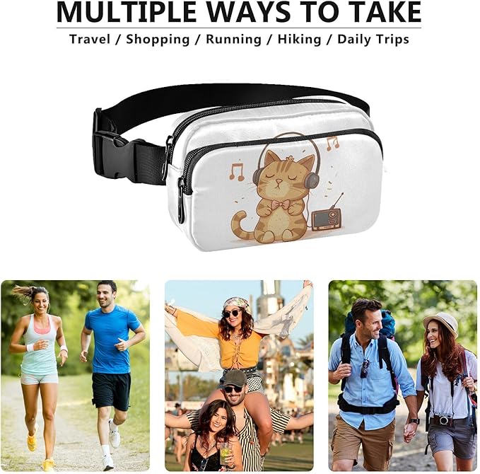 Cat Listening To Music with Headphones Fanny Pack for Women Men Water Resistant Fashion Waist Packs with Adjustable Strap Belt Bag for Travel Workout Jogging Hiking 21218991
