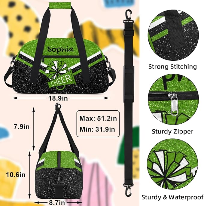 Personalized Glitter Green Cheer Bag for Cheerleaders, Custom Sport Gym Bag Dance Bag Travel Duffle Bag Cheerleading Gifts for Women