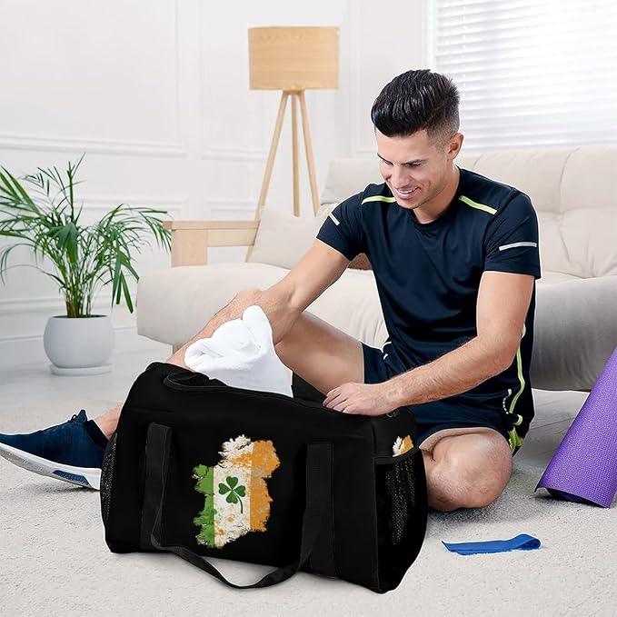 Irish Ireland Map Flag Clovers Duffle Bag Gym Bag for Workout Travel Tote with Detachable Straps