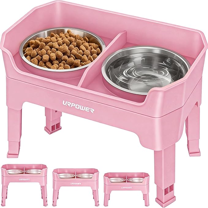URPOWER 3-in-1 Elevated Dog Bowls - Mess Proof Double Deck 4 Height Adjustable Raised Stand with 2 Stainless Steel Food Bowls and Licking Plate for Small Medium & Large Dogs