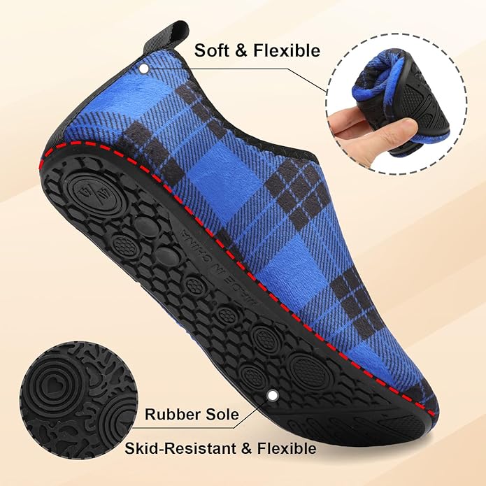 QFH Womens & Mens Cozy House Slippers - Portable Travel Shoes with Flexible Rubber Sole & Soft Velvet Lining
