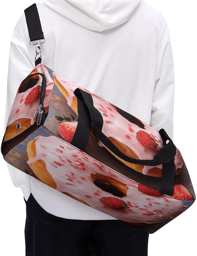 Strawberry Donut Gym Bag Lightweight ，Travel Duffle Bag with Shoe Compartment，Gym Bag for Women for Overnight, Weekend, Yoga, Gym, Business Trips, Sport And Hospital.