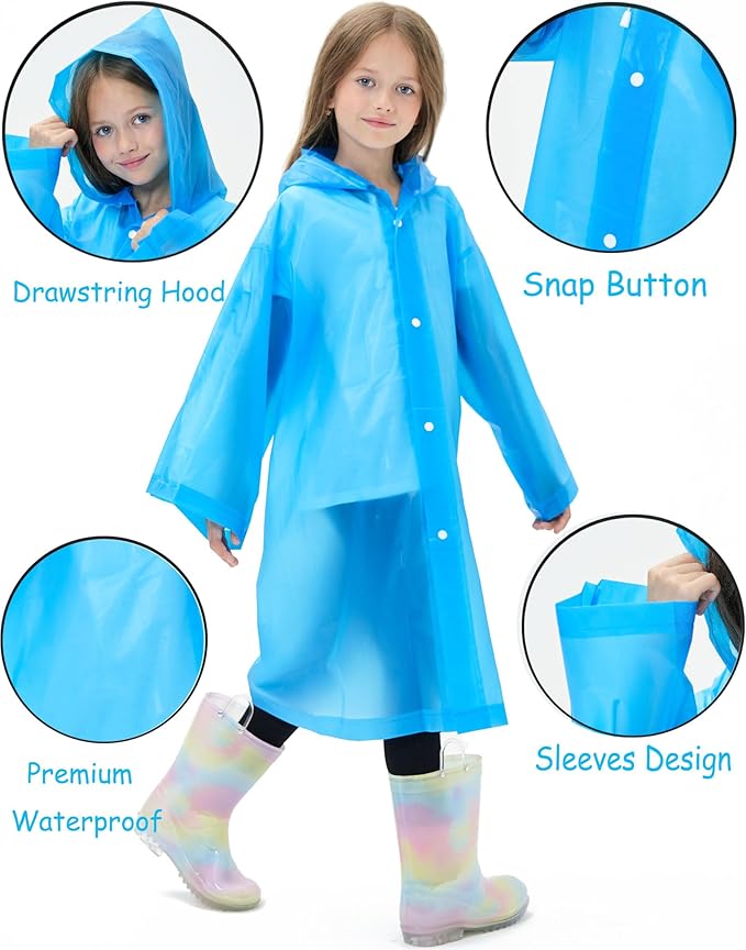 2 Pack Reusable Waterproof Raincoat EVA Emergency Rain Ponchos One Size Rain Jacket for Children, Boys and Girls