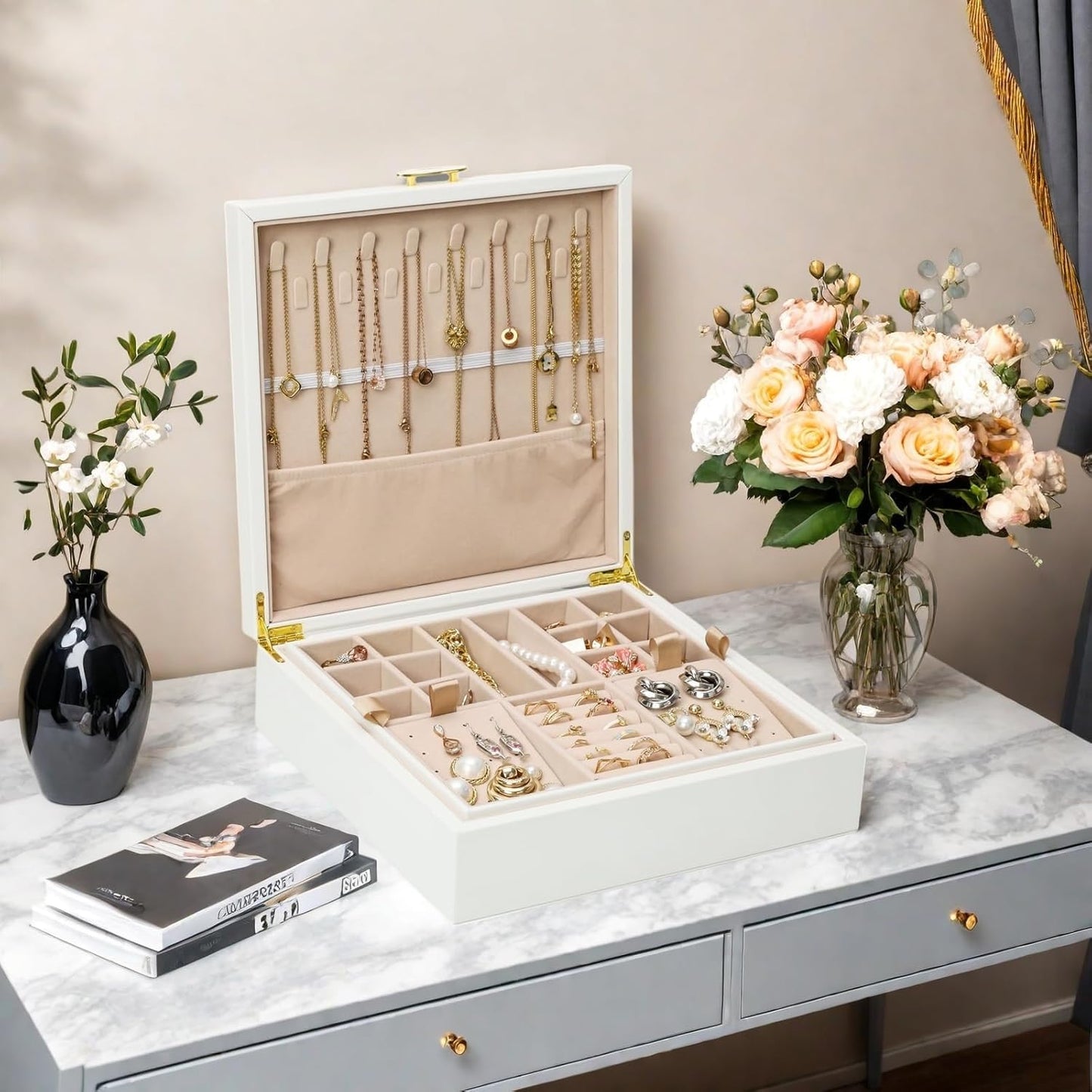 Jewelry Box Organizer for Women,White 2 Layer jewelry Stoarge Case,Built in Necklace Hook and Detachable Jewelry Tray,Indoor Jewelry Display Box